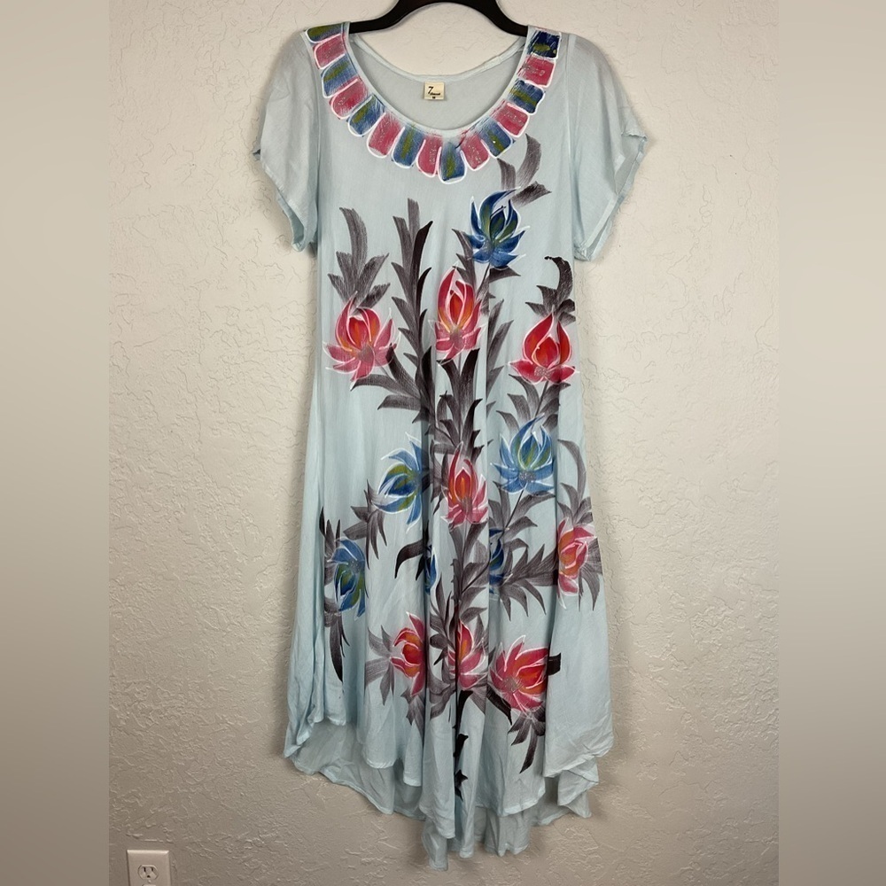 Women’s 7 Islands 100% Rayon Asymmetric Hem Slip On Resort wear Dress Size Med